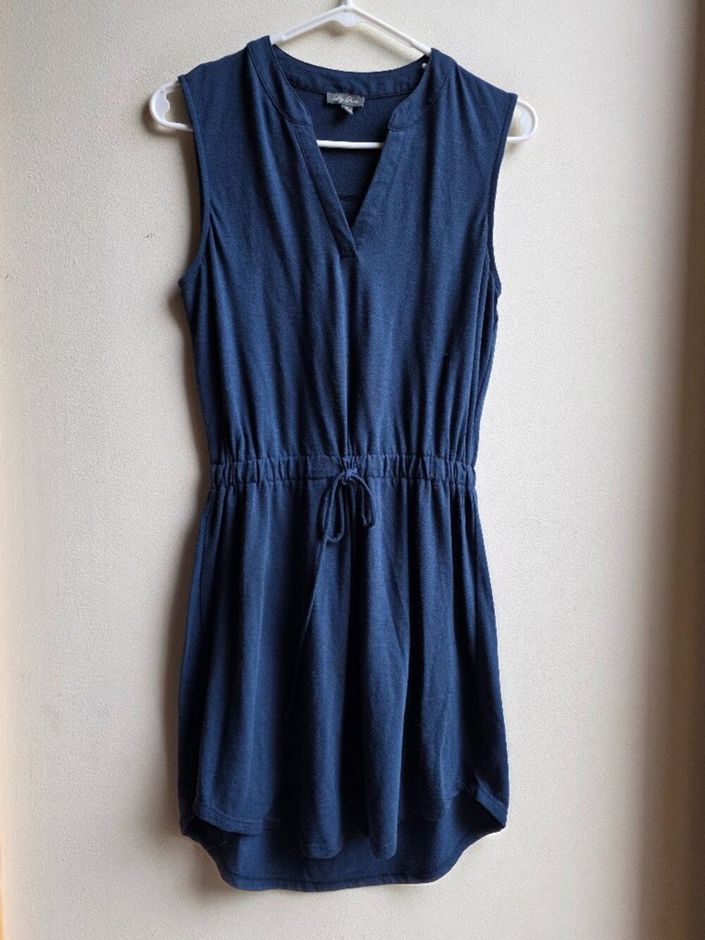 Lily Rose Navy Sleeveless V-Neck Drawstring Waist Knit Dress Size Small
